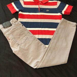 Lacoste Red, Blue, and Gray Polo with Gray Levi Jeans for Boys